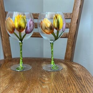 Colorful Floral Tulip  Wine Glasses, handmade in Italy, new,